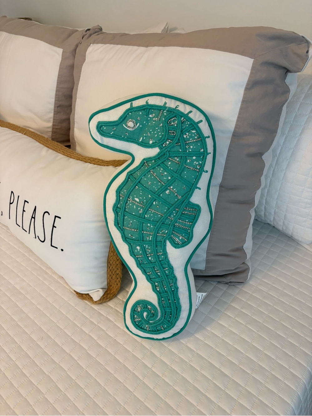 Embroidered Seahorse Accent Pillow in Teal and White